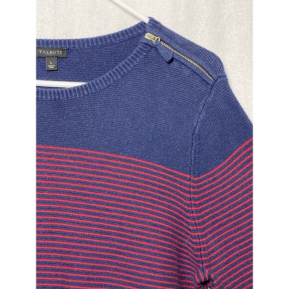 Talbots Sweater Womens Red Blue Striped Pullover Knit Cotton Blend Zipper Large - Picture 3 of 10
